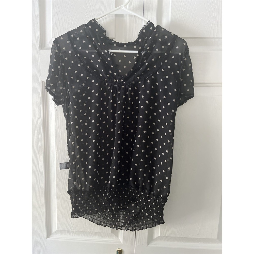 XXI Women’s Polka Dot Ruffled Translucent Quarter-zip Blouse (Size M)